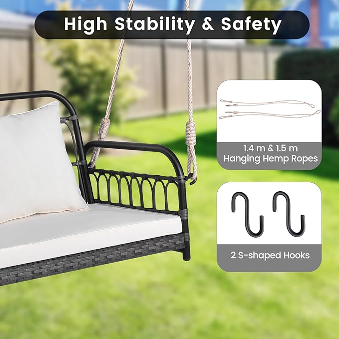 DORTALA 2-Person Porch Swing Outdoor, Patio Wicker Hanging Swing Bench with Cushions, Metal Frame, Ropes - Photo 6