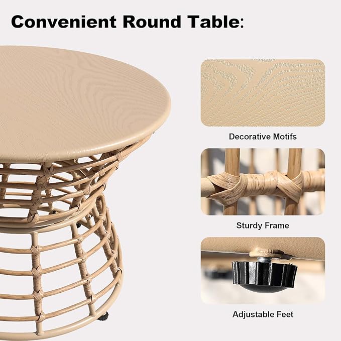 Swivel Chairs for Outside Patio Set of 3, 360 Degree Swivel Pe Wicker Luxury Lounger Chair with 20" Side Table - Photo 4
