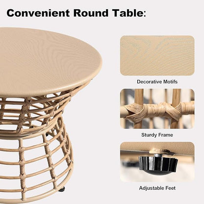 Swivel Chairs for Outside Patio Set of 3, 360 Degree Swivel Pe Wicker Luxury Lounger Chair with 20" Side Table, Soft Cushion and Durable Frame, for Apartment Balcony, Patio, Porch, Yard