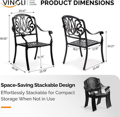 VINGLI Patio Chairs Set of 2 - Stackable Outdoor Cast Aluminum Dining Chairs with Vintage Black Finish and Floral Pattern, Metal Armchairs for Poolside, Backyard, Balcony (No Cushion)