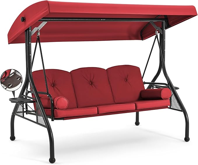 HOMREST 3 Seat Outdoor Porch Swing with Adjustable Canopy, Convertible Patio Swing Bed with Stand - Photo 1