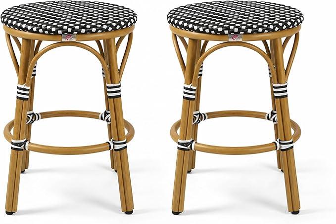 PURPLE LEAF Patio French Round 26" Counter Stool Set of 2 Large Rattan Backless Stackable Barstools Bamboo Print - Photo 1