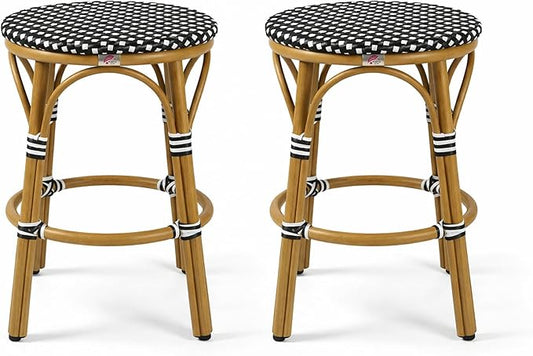 PURPLE LEAF Patio French Round 26" Counter Stool Set of 2 Large Rattan Backless Stackable Barstools Bamboo Print Aluminum Frame Footrest with Woven Wicker for Outdoor Kitchen Yard Black