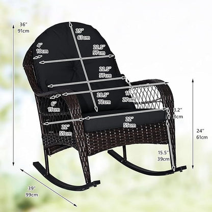 ORALNER Wicker Patio Rocking Chair, Outdoor PE Rattan Rocker with Seat and Back Cushion, Waist Pillow, Armrests, Garden Chair for Porch, Backyard, Poolside, Deck (1, Black)