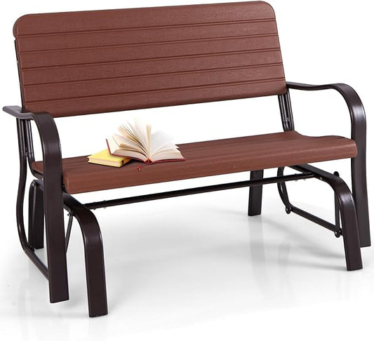 HAPPYGRILL Outdoor Swing Glider Bench, Patio Loveseat Chair with Steel Frame, Rocking Bench for Porch Deck Poolside Garden, (Brown)