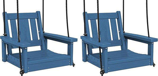 SERWALL HDPE Single Porch Swing Set of 2, Heavy Duty Single Person Swing Chair with 2 Polypropylene Hanging Ropes, Adirondack Hanging Chair for Outdoor Front Porch Patio Garden Yard, Blue