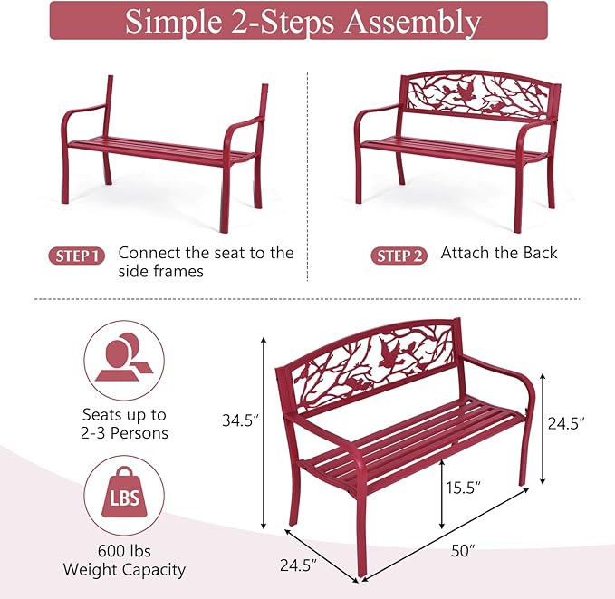 Giantex 50”Outdoor Bench with Cast Iron Backrest & Ergonomic Armrest, 600 lbs Steel Metal Frame - Photo 3
