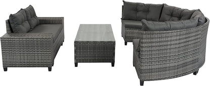 Quarte Outdoor Patio Furniture Sets, 8-Pieces All Weather Wicker Round Sofa Set, Half-Moon Sectional Sets, Curved Sofa Set with Rectangular Coffee Table, Movable Cushion (Gray-OA)