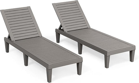 Outdoor Chaise Lounge Chairs Set of 2, 5-Position Adjustable Tanning Lounge Chairs with Wood Texture, All-Weather Resin Patio Lounge Chair for Pool, Garden, Deck, Beach, Striped Grey