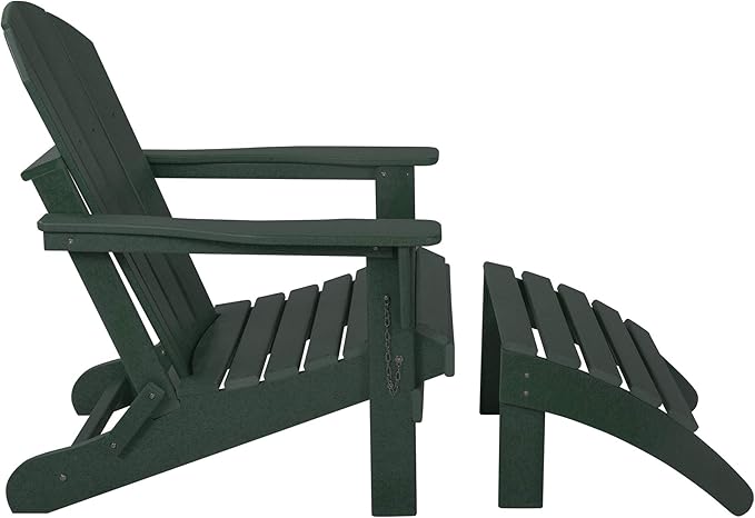 WestinTrends Malibu Outdoor Lounge Chair, 2-Pieces Adirondack Chair Set with Ottoman, All Weather Poly Lumber Patio Lawn Folding Chairs for Outside Pool Garden Backyard Beach, Dark Green