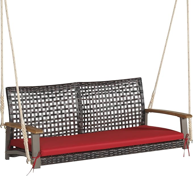 Tangkula 2 Person PE Wicker Porch Swing Bench, Outdoor Hanging Swing with Soft Seat Cushion and Hanging Ropes(Length of 118" for Each Chain), 800 LBS Weight Capacity