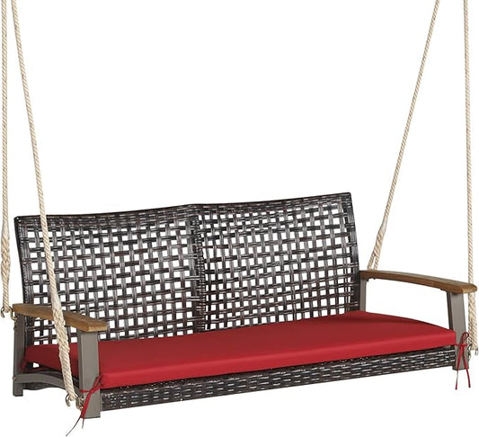 Tangkula 2 Person PE Wicker Porch Swing Bench, Outdoor Hanging Swing with Soft Seat Cushion and Hanging Ropes(Length of 118" for Each Chain), 800 LBS Weight Capacity