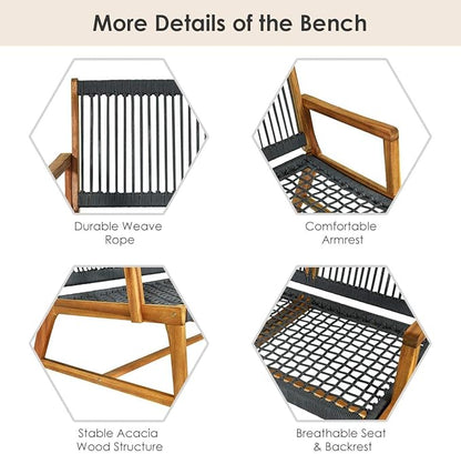 LDAILY Moccha Wood Rope Patio Bench, Modern Outdoor Acacia Park Garden Patio Furniture, 2-Person Solid Wood Patio Loveseat, Knitting Bench with Armrest & Backrest