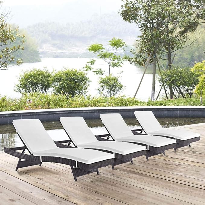 Modway Convene Wicker Rattan Outdoor Patio Chaise Lounge Chairs in Espresso White - Set of 4 - Photo 2
