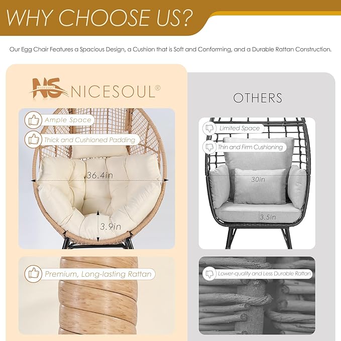 NICESOUL® 2 Person Wicker Stationary Egg Chair Indoor Outdoor Egg Basket Lounge Chair Oversized Thick Cushions Egg Seat - Photo 9