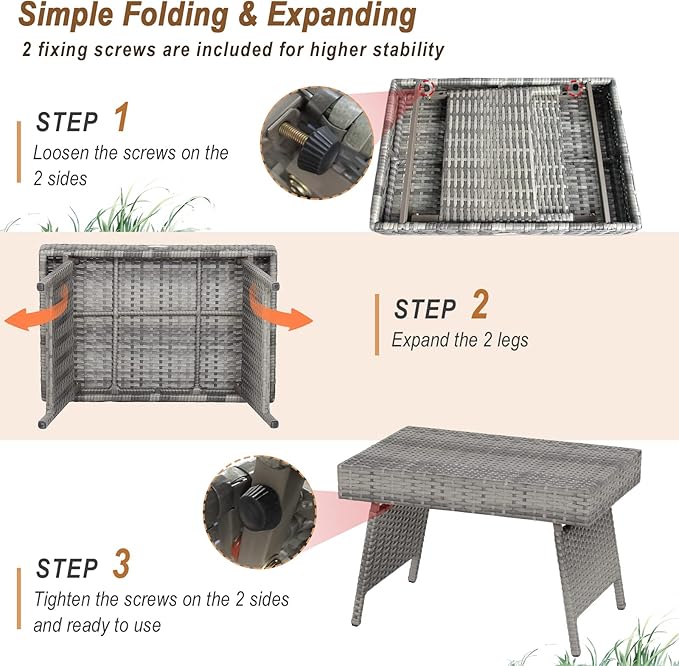 RELAX4LIFE Patio Rattan Side Table - Folding Coffee Table with Premium Brown PE Wicker & High-Duty Steel Frame, Outdoor Beside Table for Garden, Courtyard, Poolside (Gray)