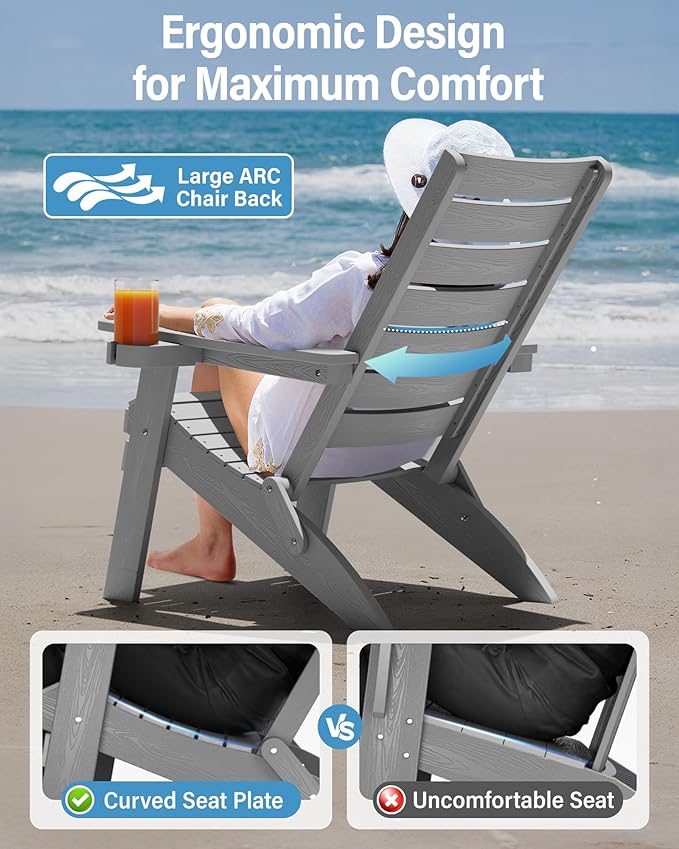 YEFU Classic Folding Adirondack Chair: Oversized Heavy Duty Adirondack Chairs with Comfort Arc Backrest & Cup Holder - All Weather HIPS Plastic Fire Pit Chair for Outdoor Patio Lawn Garden Grey