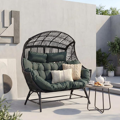 IRONCK 2 Person Egg Chair Indoor Outdoor, Double Lounge Chair, Update Frame, Cushions and Headrests, 700 lbs Egg Loveseat for Garden, Porch, Living Room, Dark Green