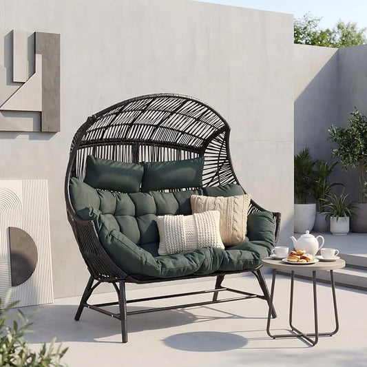 IRONCK 2 Person Egg Chair Indoor Outdoor, Double Lounge Chair, Update Frame, Cushions and Headrests, 700 lbs Egg Loveseat for Garden, Porch, Living Room, Dark Green