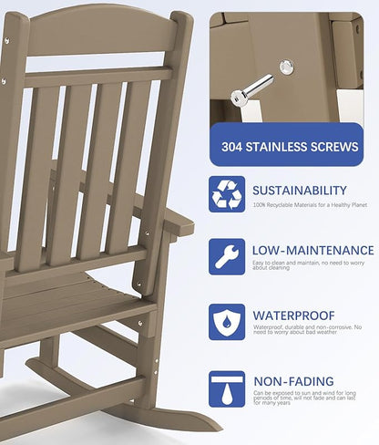 FOOWIN Outdoor Rocking Chair, High Back Patio Rocking Chair, HDPE All Weather Resistant Porch Rocker for Adult, Oversized Rocking Chairs for Garden, Lawn, Indoor & Outdoor Use, Brown