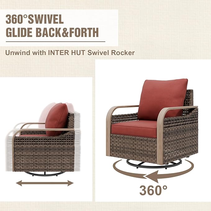 Modern Wicker Outdoor Swivel Rocking Chairs, Rattan Glider Rocker Patio Furniture for Backyard, Deck, Porch, Garden, 2 Chairs 2 Ottomans, Brown/Red
