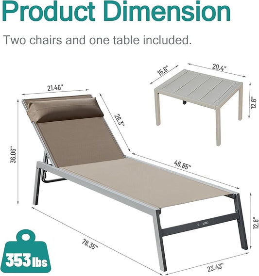 Domi Outdoor Lounge Chairs Set of 3, Upgraded Aluminum Chaise Lounge Chair with 5 Adjustable Positions, Patio Lounge Chair for Pool, Deck, Lawn, Garden, 2 Pool Chairs and 1 Side Table, Khaki