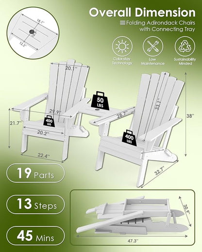 GREENVINES Folding-Adirondack-Chairs-Set-of-2 | HDPE Plastic | Throne Series | Fire Pit Chair | with Connecting Tray | Removable Table | All Weather | for Outdoor Patio Deck Poolside | White