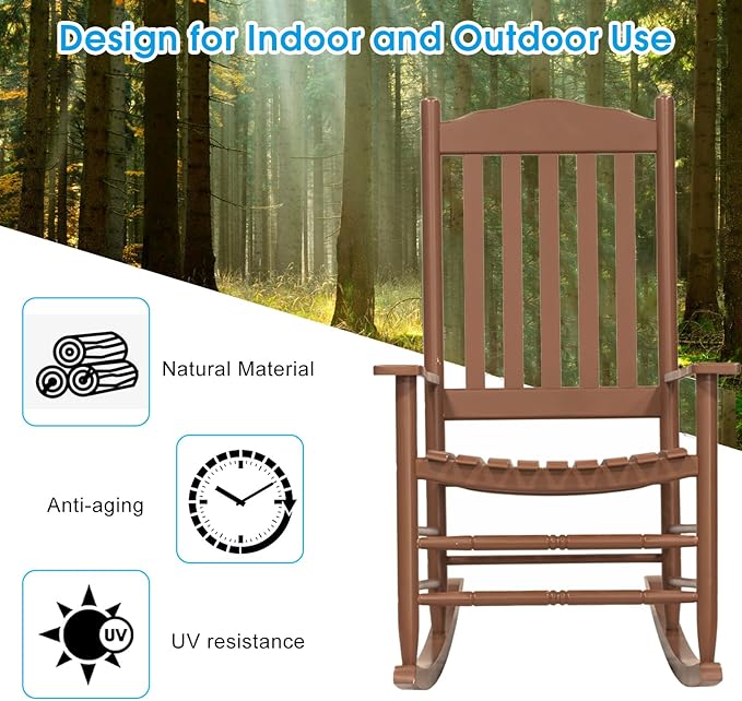 D&F Design Outdoor Rocking Rocker, Wood Rocking Chair with High Back and Curved Seat, UV Treated (Brown), Outdoor and Indoor use