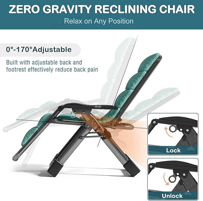 NAIZEA Padded Zero Gravity Chair, Folding Outdoor Lounge Chairs, Adjustable Reclining Camping Chairs with Cup Holder, Ergonomic Patio Lawn Chair for Balcony Beach Deck Yard