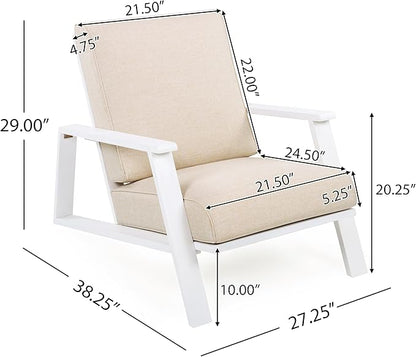 Christopher Knight Home Smeb Lounge Chair Outdoor with Cushions, Acacia Wood Adirondack Chair, Slatted Design Side Chair, Extra Seating for Balcony Backyard Poolside Garden, White + Beige