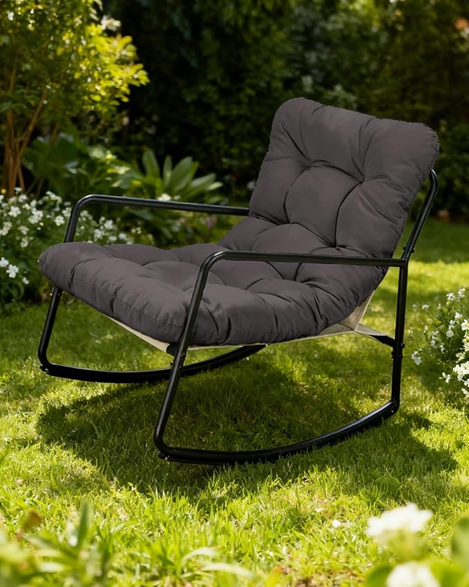 Outdoor Rocking Chair, Metal Patio Rocking Chair, Indoor Rocking Chair with Cushion, Papasan Rocking Lounge Chair, Comfy Modern Rocker Chair for Porch, Living Room, Garden, Lawn, Dark Grey