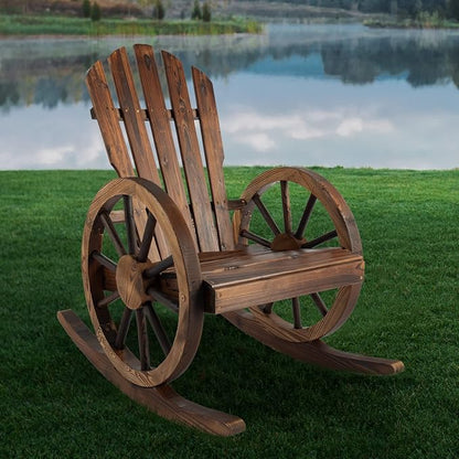 Outdoor Wood Rocking Chair Wagon - Outside Rocking Chair Rustic Front Porch Chairs Single for Patio, Country, Yard