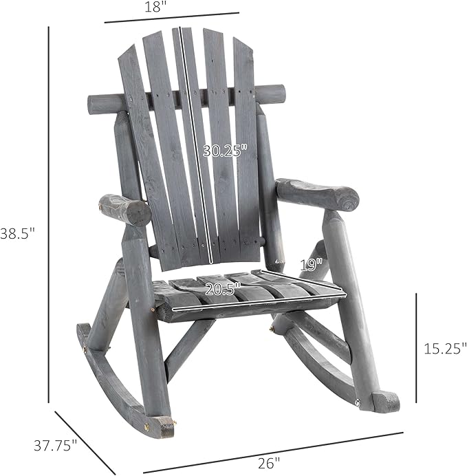 Outsunny Outdoor Wooden Rocking Chair, Single-Person Adirondack Rocking Patio Chair with Rustic High Back, Slatted Seat and Backrest for Indoor, Backyard, Garden, Dark Gray