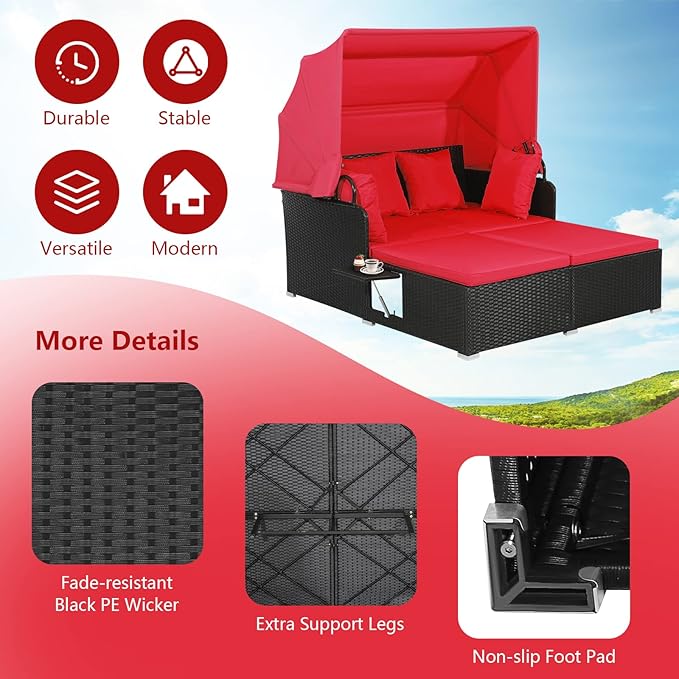 ORALNER Outdoor Daybed, 2-Person Wicker Patio Sofa with Retractable Canopy, Cushions & Pillows, 2 Side Trays - Photo 3