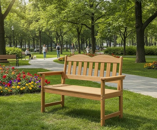 GarveeLife 2-Person Poly Lumber Garden Bench, Slatted Patio Loveseat, Weather-Resistant Outdoor Seating for Yard, Garden, Porch, Park or Backyard, Natural