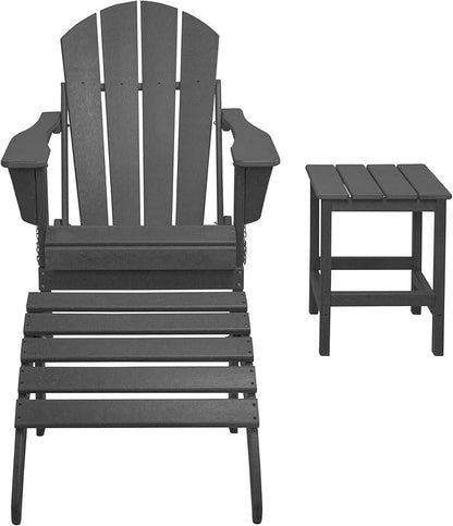 WestinTrends Malibu Outdoor Lounge Chairs, 3-Pieces Adirondack Chair Set with Ottoman and Side Table, All Weather Poly Lumber Patio Lawn Folding Chair for Outside Pool Garden Backyard, Gray