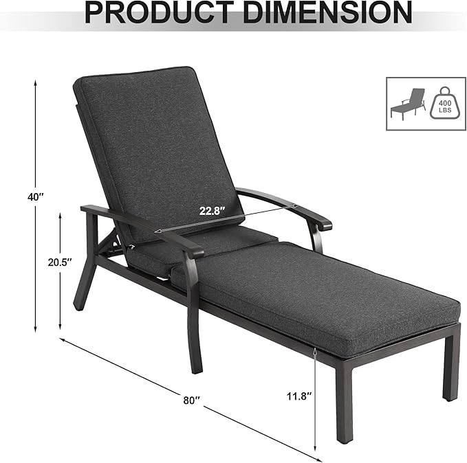 Chaise Lounge Chair Outdoor with Wheels, Cast Aluminum Tanning Chair with Grey Cushion, for Outside Beach Patio Pool Lawn with Adjustable 5 Position Recliner, 1 Pack