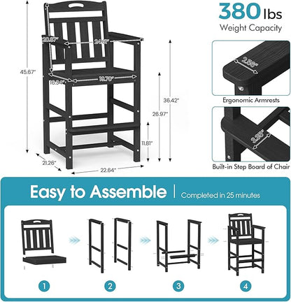 Ciokea Heavy Duty Bar Height Chair, 380lbs Outdoor Adirondack Tall Bar Chair Patio Stool with Arms & High Back, Heavy Duty All-Weather for Balcony, Poolside, Deck and Garden, Black