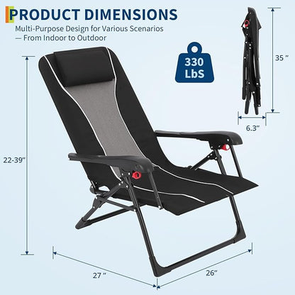 Folding Chaise Lounge Chair for Outdoor – Portable Reclining Camping Chair with Adjustable Backrest, Pillow & Breathable Fabric, Heavy-Duty 330 LBS Capacity, Sun Lounger for Beach, Patio, Garden