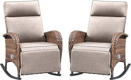 Belord Zero Gravity Swivel Rocking Recliner Chair - Wicker Outdoor Rocking Chairs Set of 2 with Adjustable Backrest & Footrest, Reclining Lounge Chair with Thick Cushion for Pool Deck Garden Beige