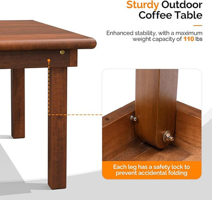 VINGLI Outdoor Folding Coffee Table, Natural Poplar Wood Patio Coffee Table, No Assembly Required, Ideal for Balcony, Porch, and Living Room, Square, Natural