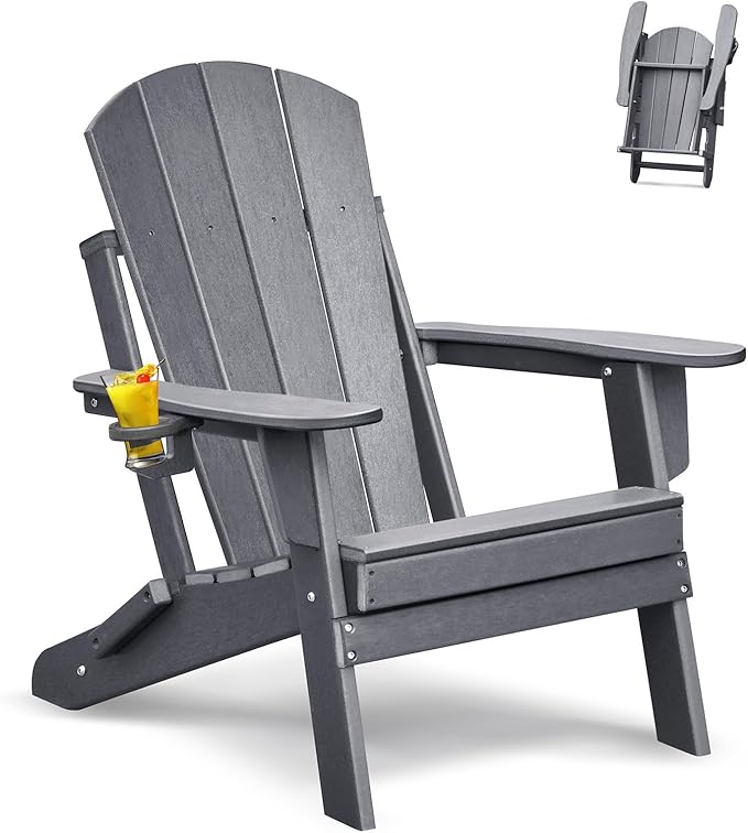 ATR ART TO REAL Folding Adirondack Chairs, HDPE Weather Resistant Outdoor Firepit Chairs with Cup Holder, Patio Folding Chairs for Garden, Lawn, Backyard, Deck, Fire Pit(Grey)