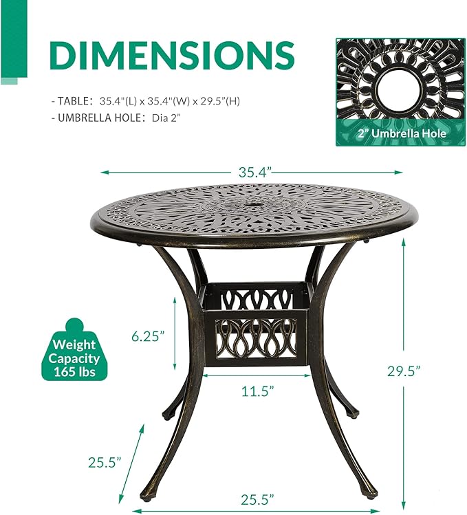 VIVIJASON 35.4" Outdoor Patio Dining Round Table Bronze Cast Aluminum Rustic Large Patio Table with Umbrella Hole