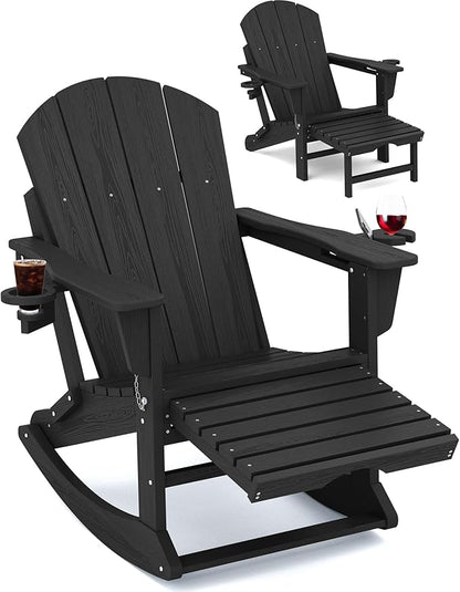 KINGYES Adirondack Rocking Chair with Retractable Ottoman and Cup Holders, HDPE Adirondack Rocker Patio Rocking Chair for Porch, Patio, Balcony, Black