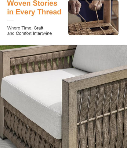 Patio Sofa Chair, Never Rusts Aluminum Outdoor Armchair with Washable Cushions, Rope Weave Outdoor Sofa Chair Patio Sofa Armchair, Deep Seating Patio Furniture for Garden, Porch, Gray Oak