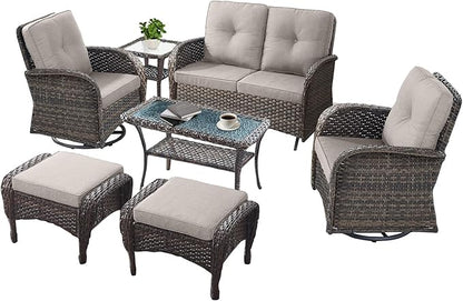 7 PCS Modern Wicker Patio Conversation Sets - Outdoor Swivel Chairs & Glider Loveseat - Ergonomic, Stainless Steel Frame - Brown/Beige