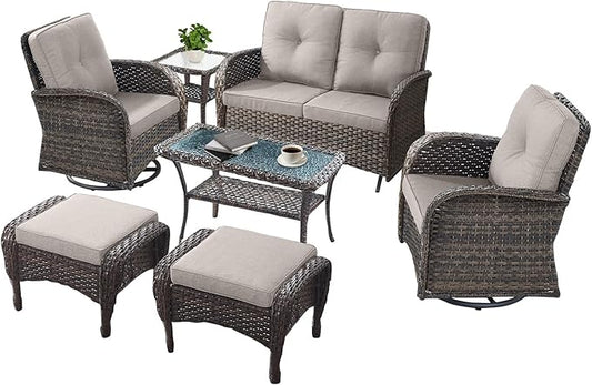 7 PCS Modern Wicker Patio Conversation Sets - Outdoor Swivel Chairs & Glider Loveseat - Ergonomic, Stainless Steel Frame - Brown/Beige