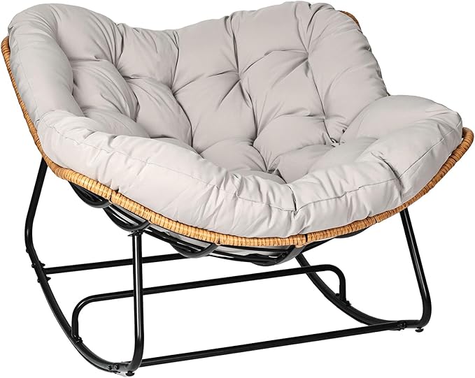 Papasan Chair, Outdoor Rocking Chair with Cushion, 450LB Heavy Duty Egg Chair, Indoor Outdoor Patio Rocking Chairs for Balcony, Porch, Living Room, Bedroom, Lawn, Garden (Light Gray.)