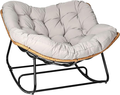 Papasan Chair, Outdoor Rocking Chair with Cushion, 450LB Heavy Duty Egg Chair, Indoor Outdoor Patio Rocking Chairs for Balcony, Porch, Living Room, Bedroom, Lawn, Garden (Light Gray.)