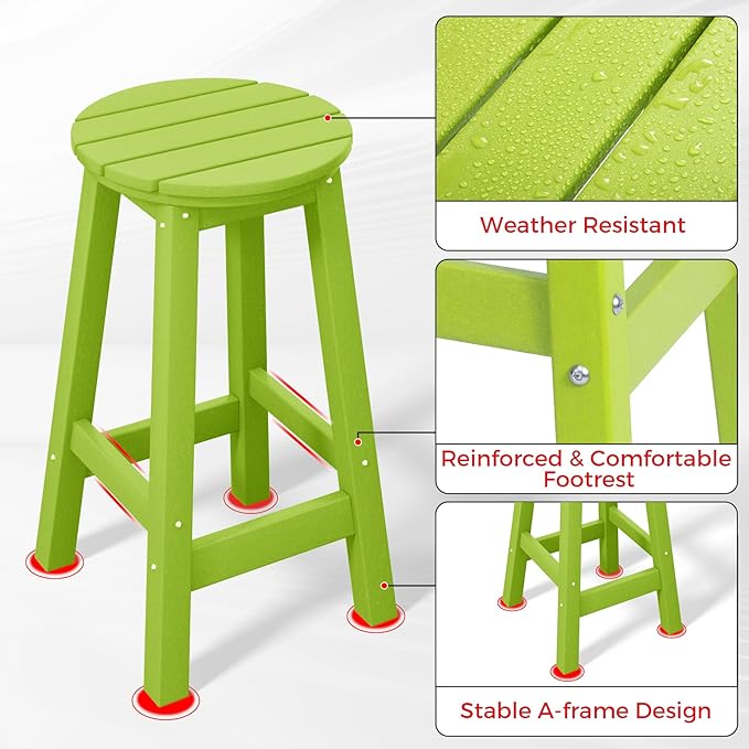 Costaelm 24" Height Outdoor Bar Stools, All-Weather Bar Stools, Adirondack Poly Patio Round Bar Stool for Patio, Deck, Kitchen Counter and Garden, Lime